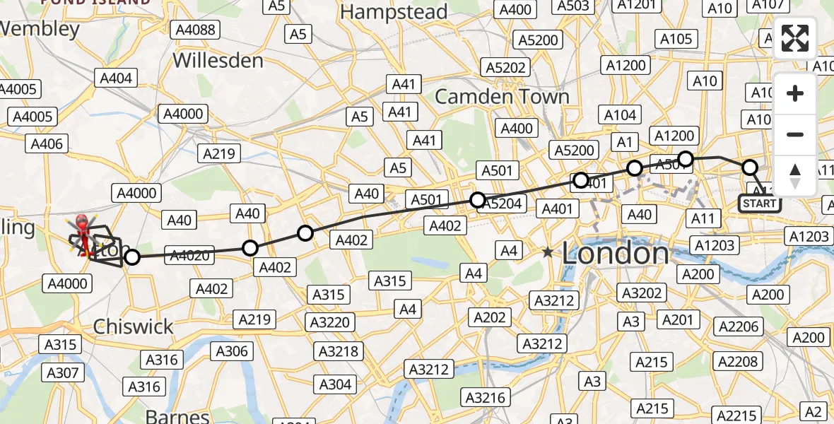 Flight path map showing Air Ambulance Helicopter route from Royal London Hospital to London Borough of Ealing
