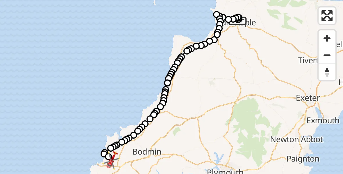 Flight path map showing Air Ambulance Helicopter route from North Devon Hospital to Cornwall Airport Newquay