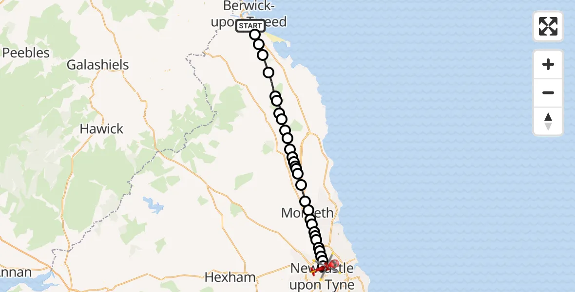 Flight path map showing Air Ambulance Helicopter route from Scremerston to Newcastle upon Tyne