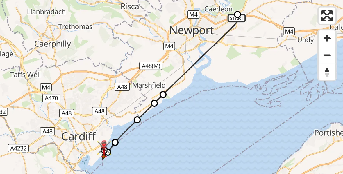 Flight path map showing Air Ambulance Helicopter route from Llanwern to Cardiff Heliport