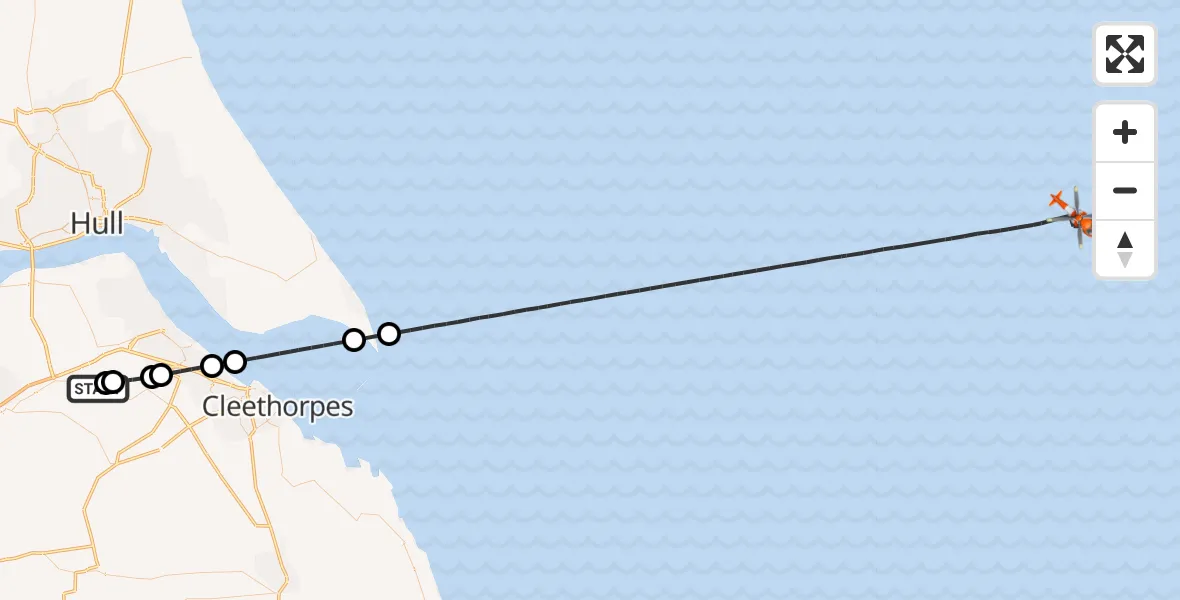 Flight path map showing Coastguard Helicopter route from Humberside Airport to North Sea