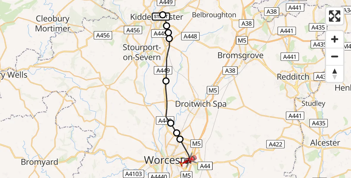 Flight path map showing Air Ambulance Helicopter route from Foxholes to Worcester