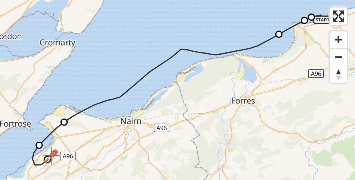 Flight path map showing Coastguard Helicopter route from Hopeman to Inverness Airport