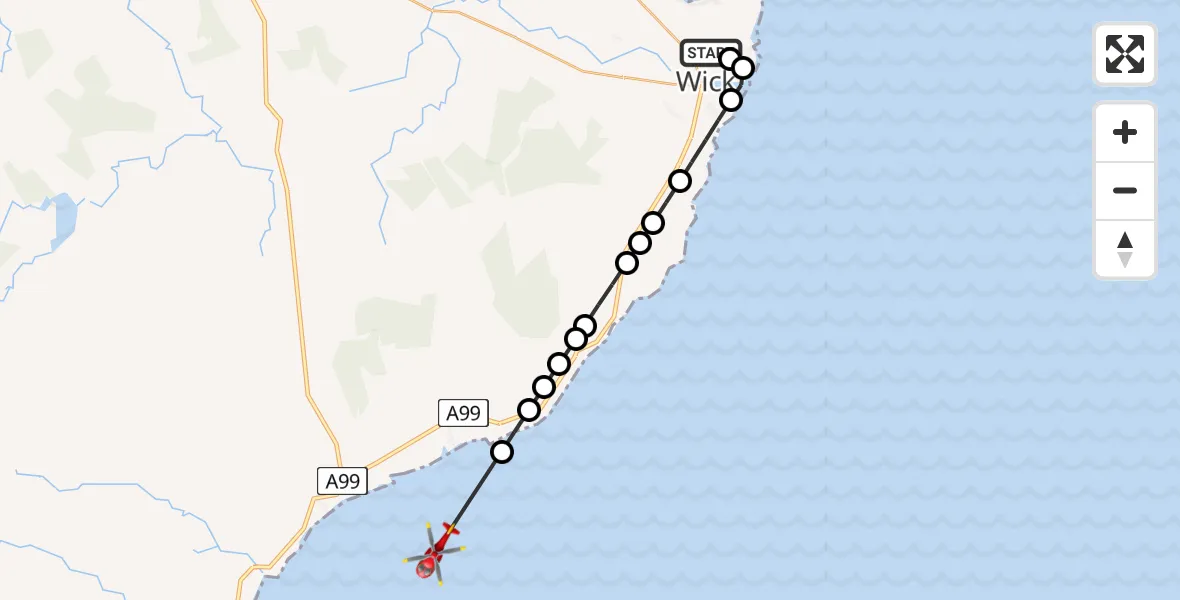 Flight path map showing Air Ambulance Helicopter route from Wick John O'Groats Airport to North Sea