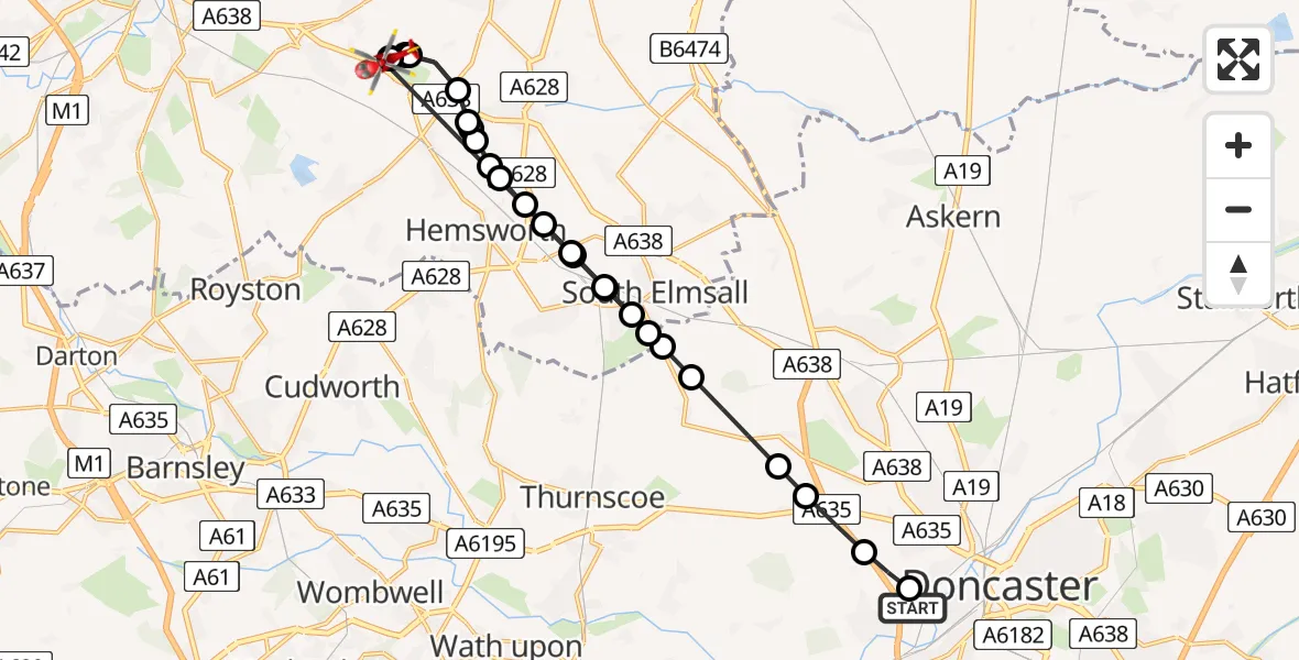 Flight path map showing Air Ambulance Helicopter route from Cusworth to YAA Nostell Helicopter Port