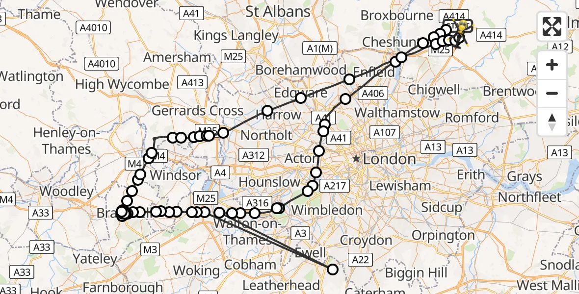 Flight path map showing Police Helicopter route from North Weald Bassett to North Weald Airfield