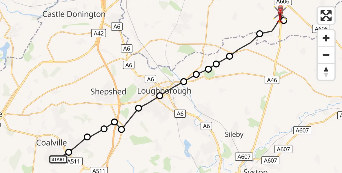 Flight path map showing Air Ambulance Helicopter route from Hugglescote to Nottingham Heliport