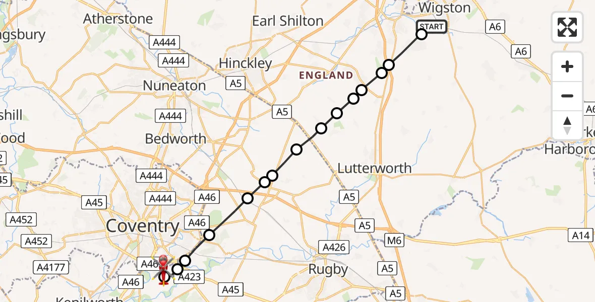 Flight path map showing Air Ambulance Helicopter route from Wigston to Coventry Airport