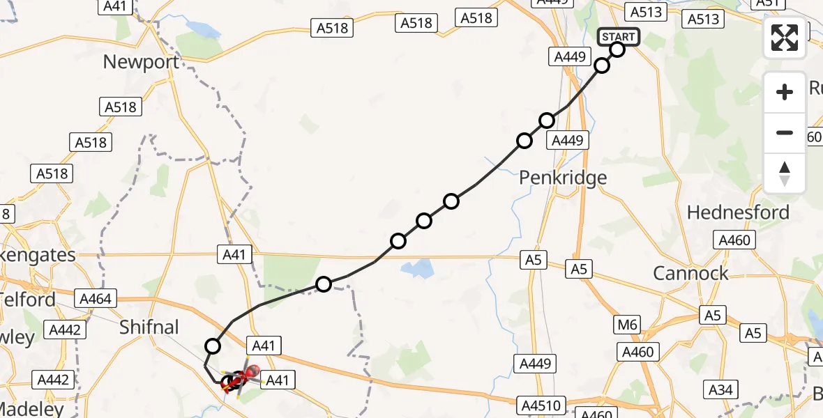 Flight path map showing Air Ambulance Helicopter route from Walton on the Hill to Cosford