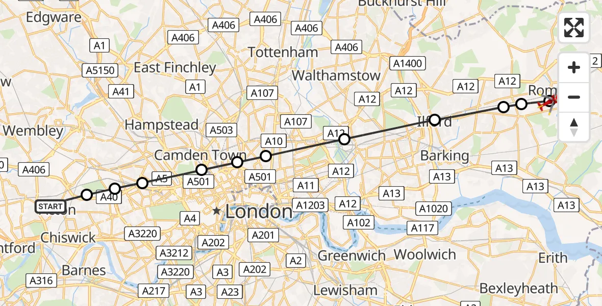 Routekaart van de vlucht: Air Ambulance Helicopter to Queens Hospital Romford