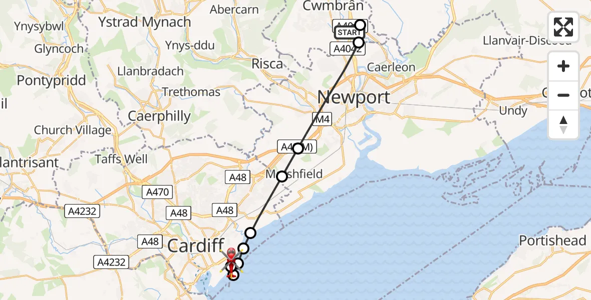 Flight path map showing Air Ambulance Helicopter route from Cwmbrân to Cardiff Heliport