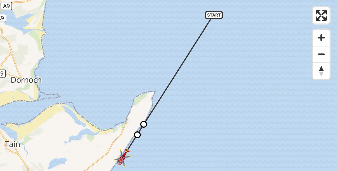 Flight path map showing Air Ambulance Helicopter route from North Sea to Rockfield