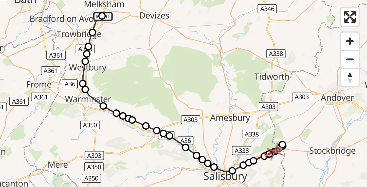 Flight path map showing Air Ambulance Helicopter route from Wiltshire Air Ambulance to Winterslow