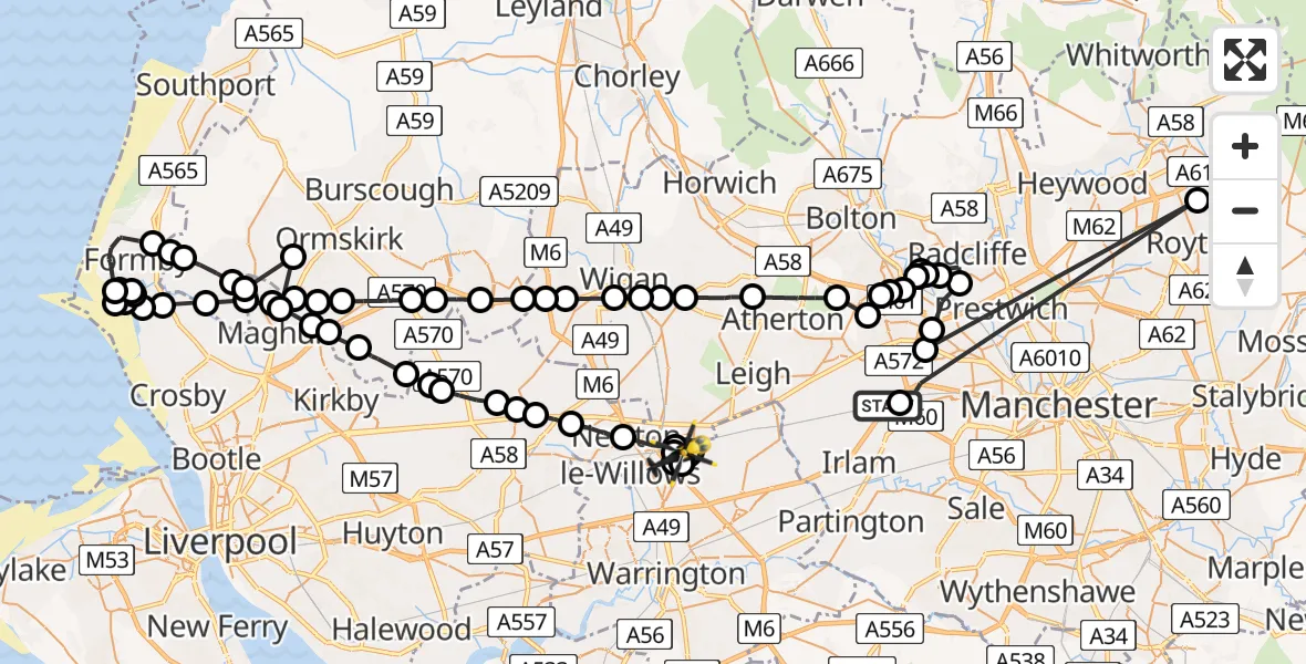 Flight path map showing Police Helicopter route from Irlam to Town of Lowton