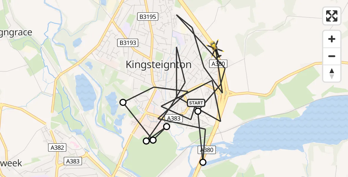 Flight path map showing Police Helicopter route from Kingsteignton to Ideford Combe