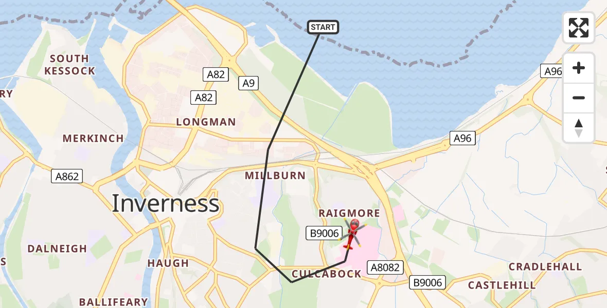Flight path map showing Air Ambulance Helicopter route from Inverness to Inverness