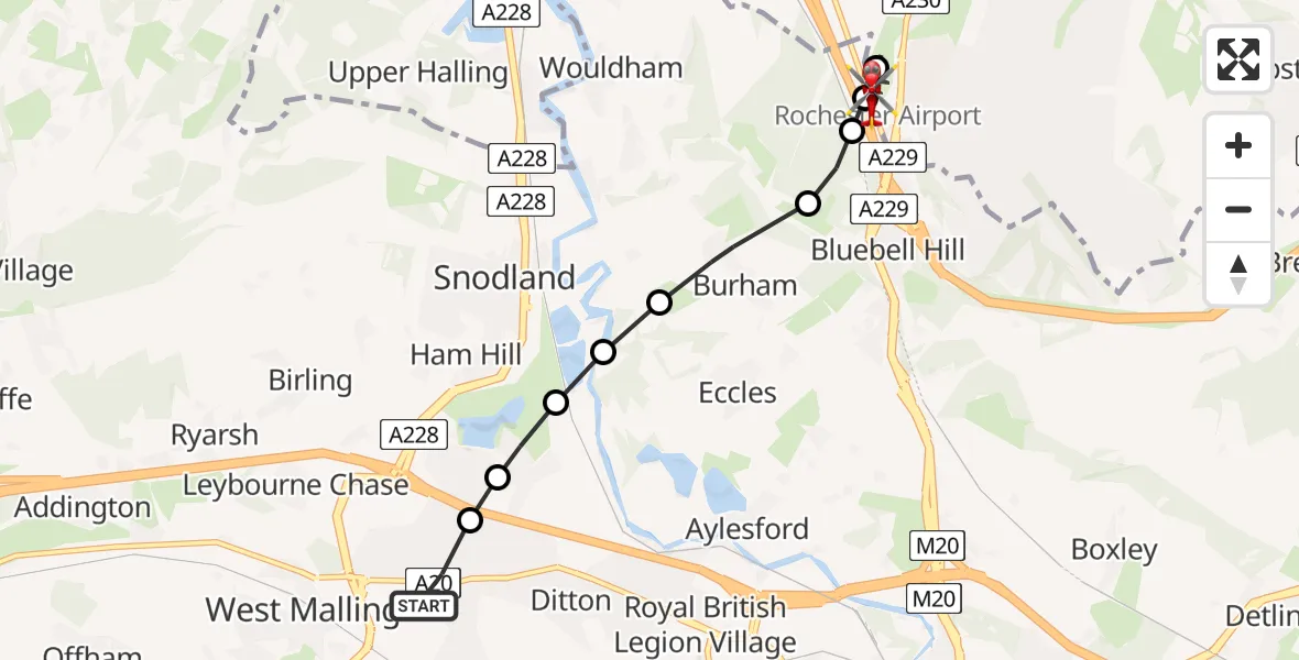 Flight path map showing Air Ambulance Helicopter route from East Malling to Rochester Airport