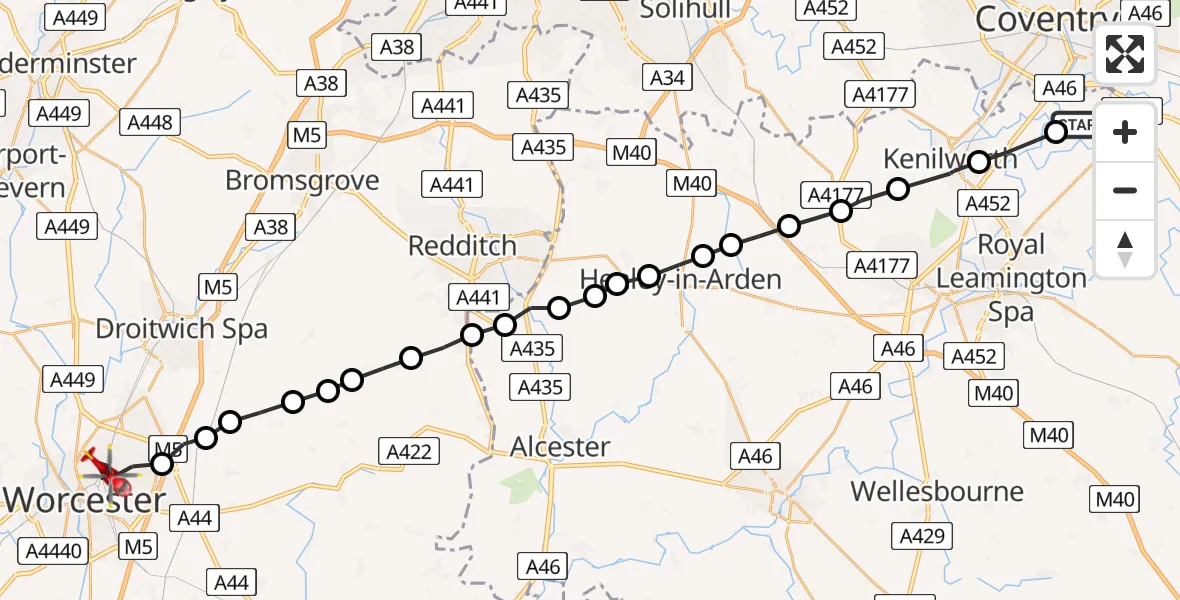 Flight path map showing Air Ambulance Helicopter route from Coventry Airport to Worcester