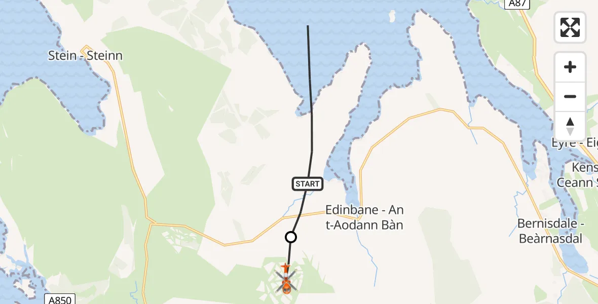 Flight path map showing Coastguard Helicopter route from Greshornish - Grìsinis to Edinbane - An t-Aodann Bàn