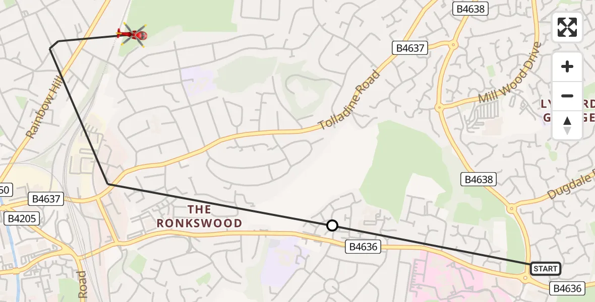 Flight path map showing Air Ambulance Helicopter route from Worcester Royal Hospital to Worcester