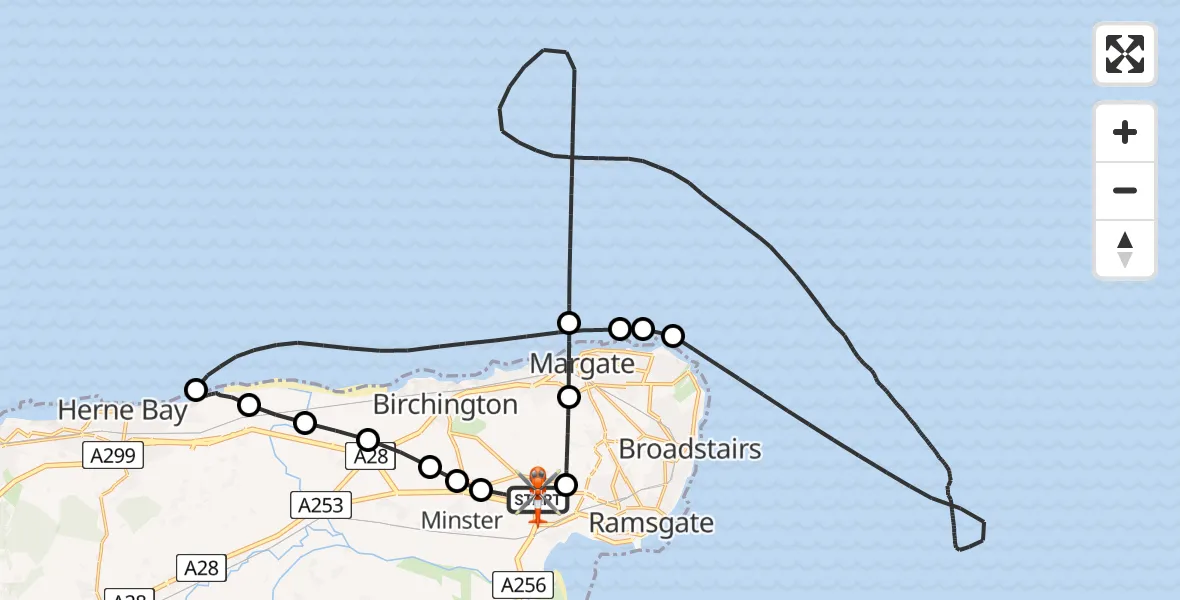 Flight path map showing Coastguard Helicopter route from Manston Airport to Manston Airport