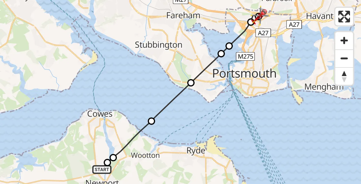 Flight path map showing Air Ambulance Helicopter route from St Marys Hospital Isle Of Wight to Queen Alexandra Hospital