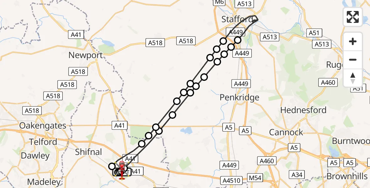 Flight path map showing Air Ambulance Helicopter route from RAF Cosford to Cosford