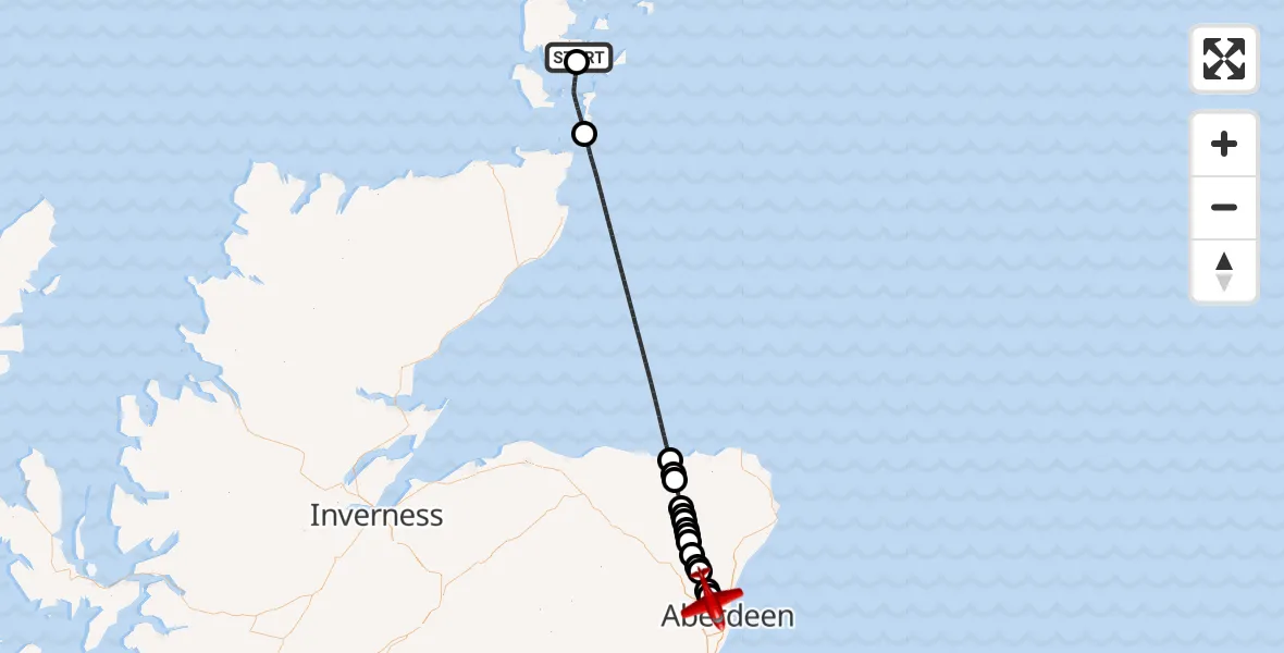Flight path map showing Air Ambulance Aircraft route from Kirkwall to Aberdeen International Airport