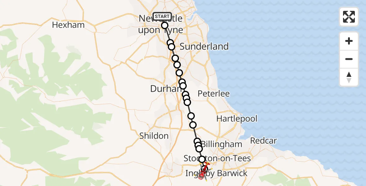 Flight path map showing Air Ambulance Helicopter route from Newcastle upon Tyne to Egglescliffe