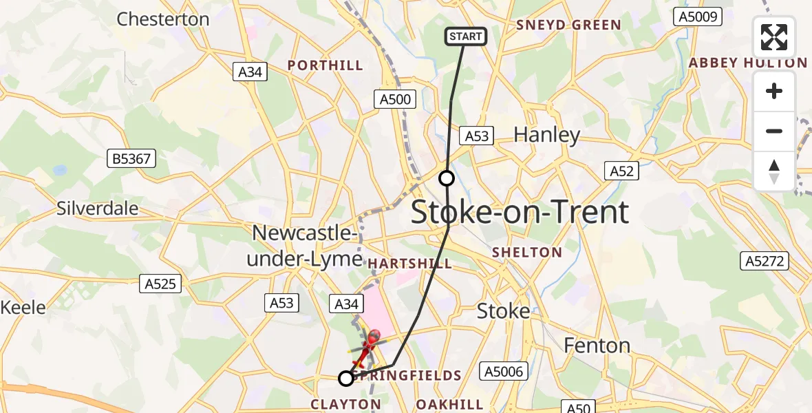 Flight path map showing Air Ambulance Helicopter route from Burslem to Stoke