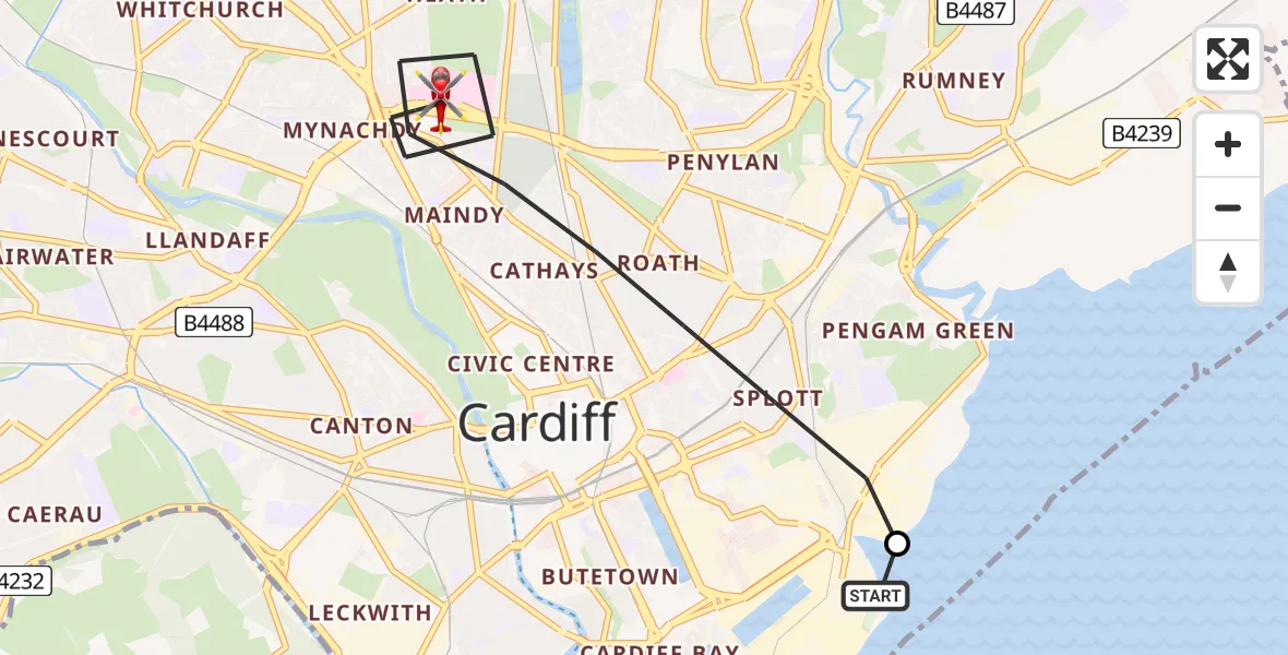 Flight path map showing Air Ambulance Helicopter route from Cardiff Heliport to Cardiff