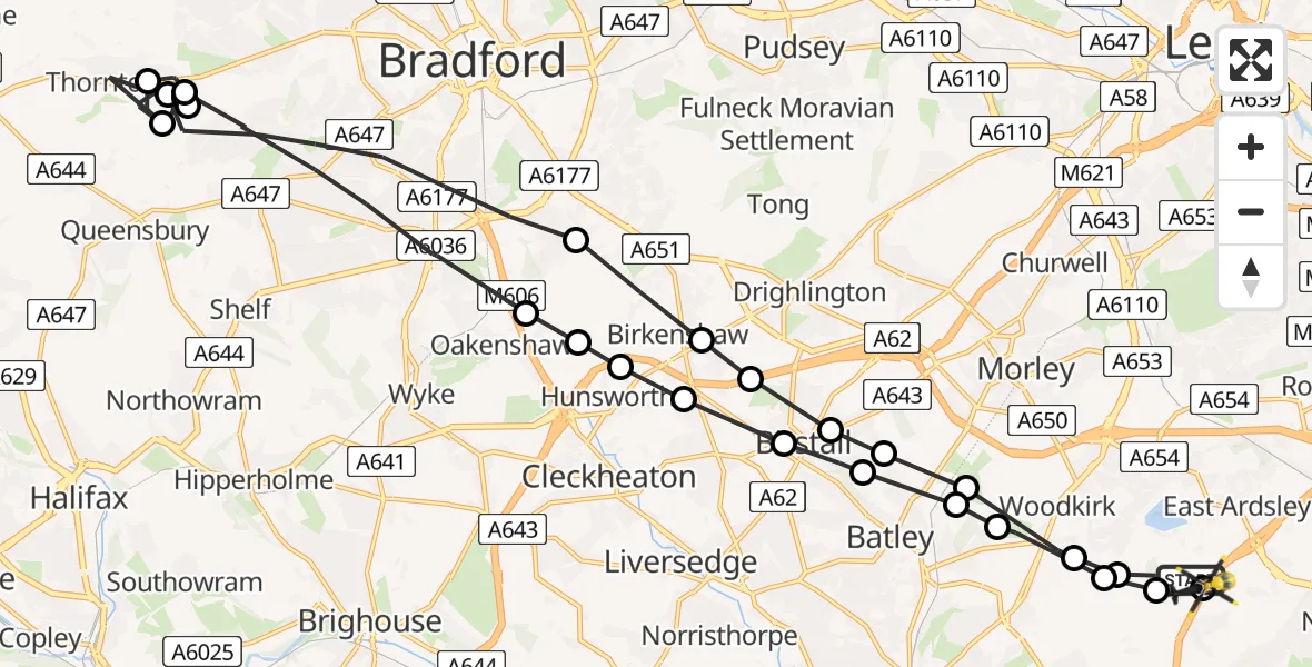 Flight path map showing Police Helicopter route from East Ardsley to East Ardsley