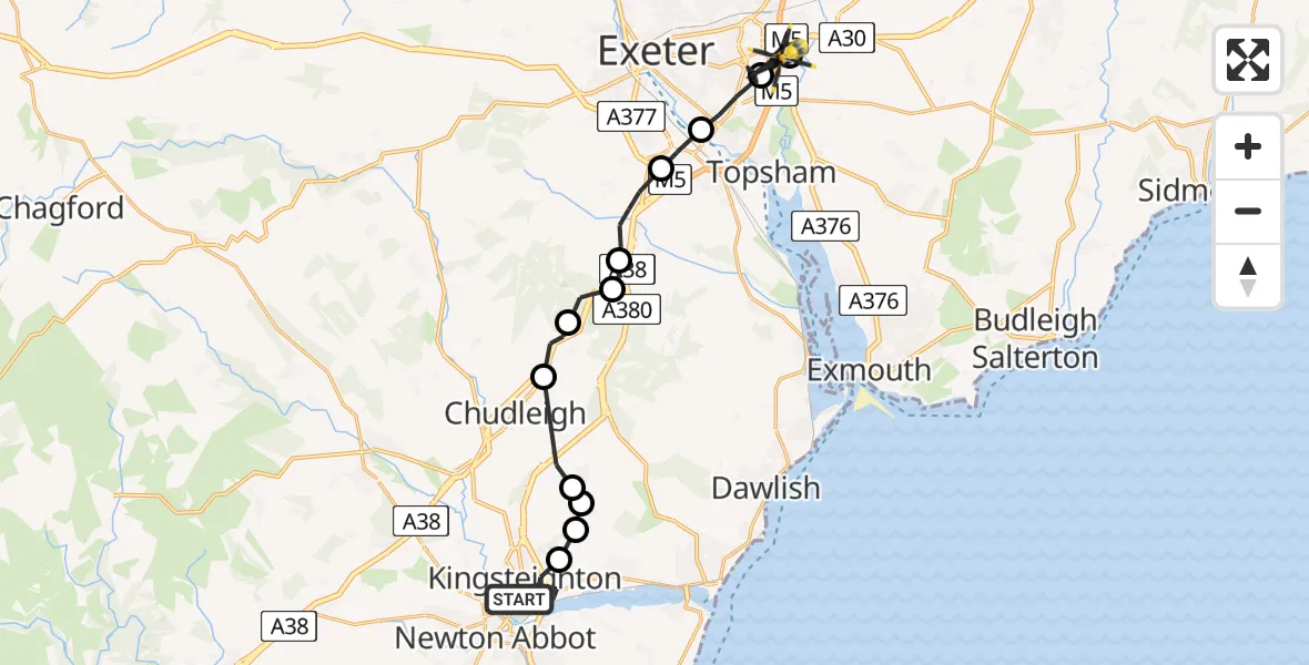 Flight path map showing Police Helicopter route from Kingsteignton to Exeter
