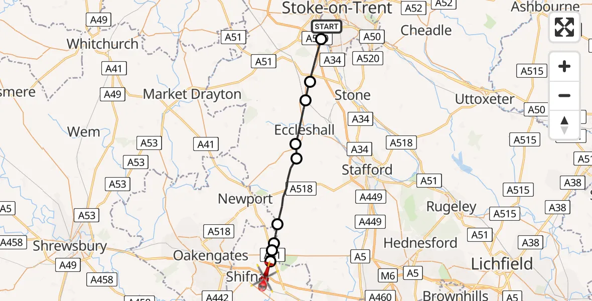 Flight path map showing Air Ambulance Helicopter route from Stoke to Shifnal