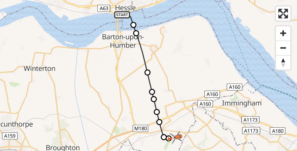 Flight path map showing Coastguard Helicopter route from Hessle to Humberside Airport