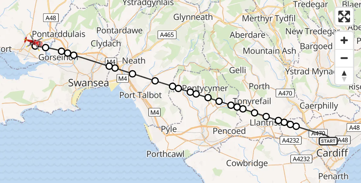 Flight path map showing Air Ambulance Helicopter route from Cardiff to Dafen