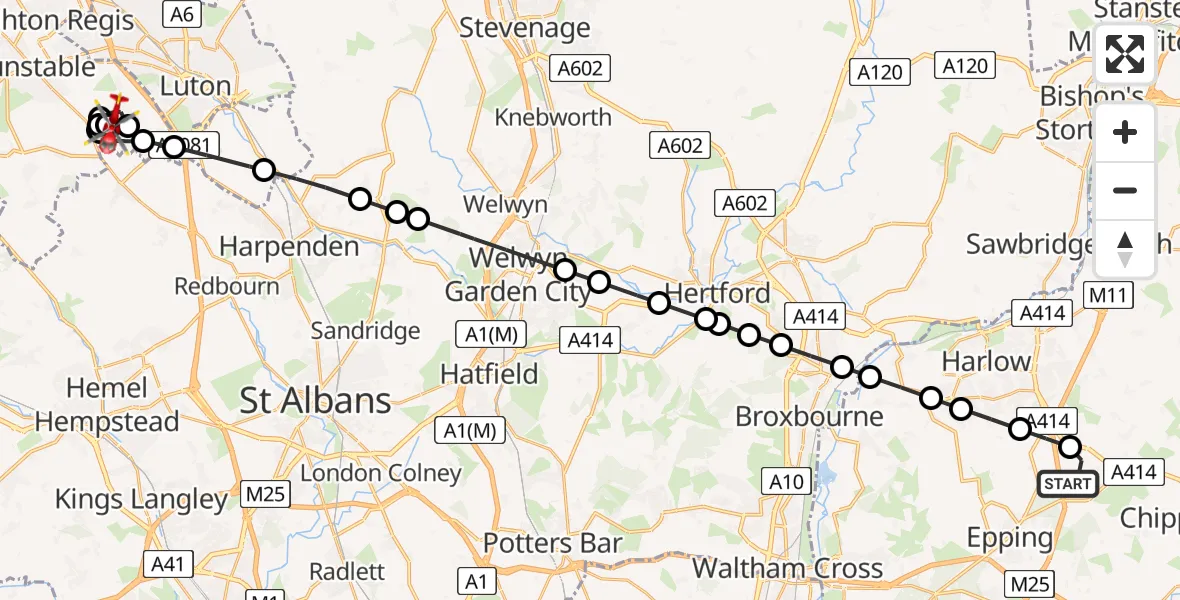 Flight path map showing Air Ambulance Helicopter route from North Weald Airfield to Caddington