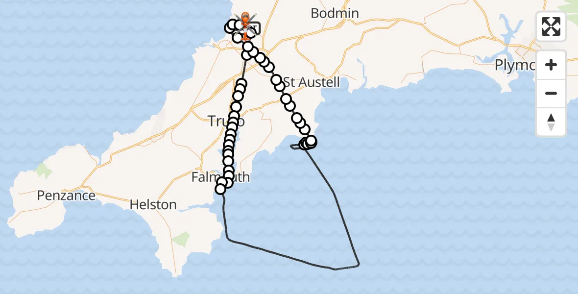 Flight path map showing Coastguard Helicopter route from Cornwall Airport Newquay to Cornwall Airport Newquay