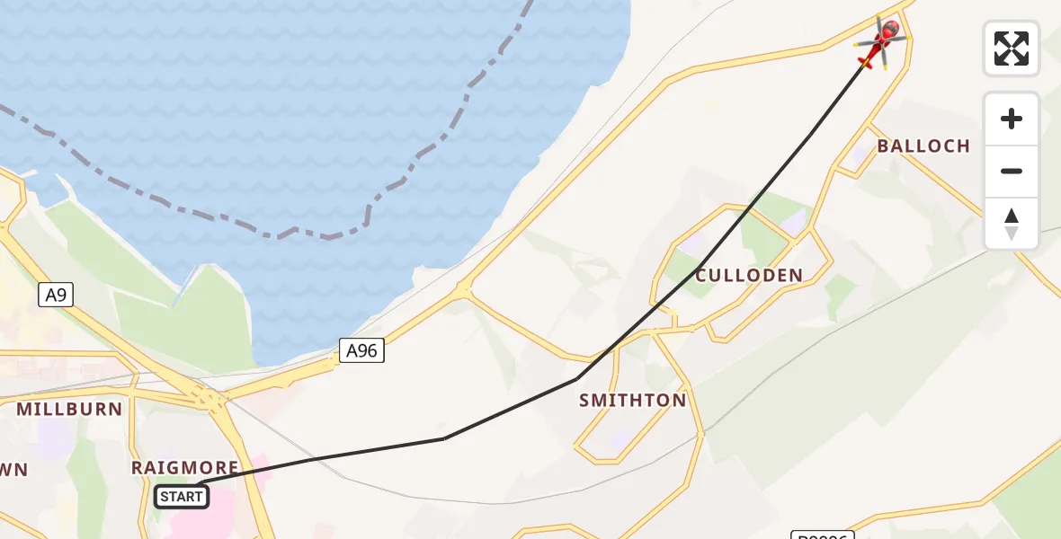 Flight path map showing Air Ambulance Helicopter route from Inverness to Inverness