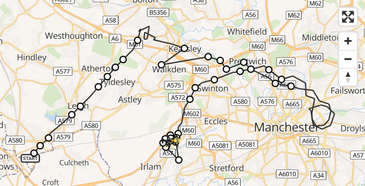 Flight path map showing Police Helicopter route from Kenyon Hall Farm Airstrip to Irlam