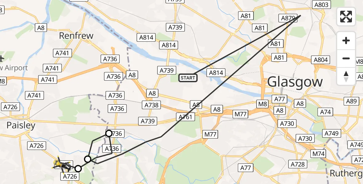 Flight path map showing Police Helicopter route from Glasgow to Paisley
