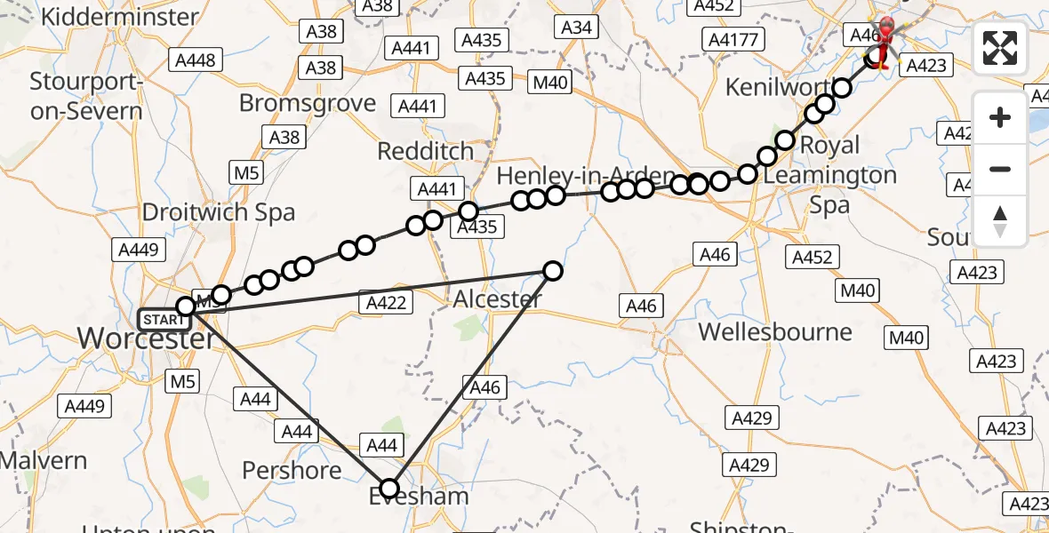 Flight path map showing Air Ambulance Helicopter route from Worcester to Coventry Airport