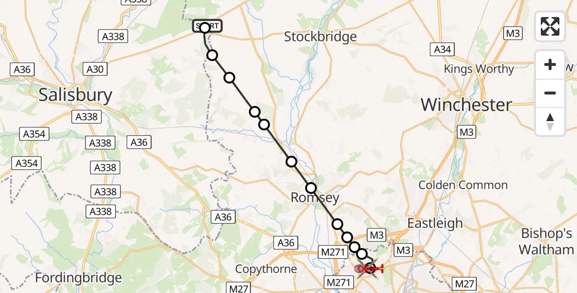Flight path map showing Air Ambulance Helicopter route from Over Wallop to University Hospital Southampton