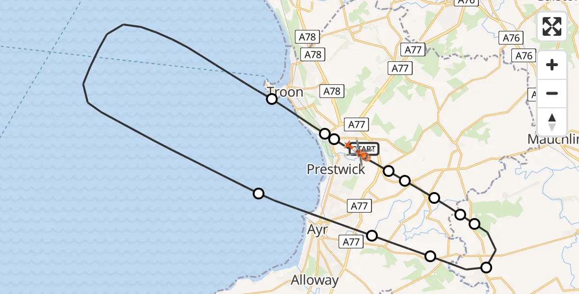 Flight path map showing Coastguard Helicopter route from Glasgow Prestwick Airport to Glasgow Prestwick Airport