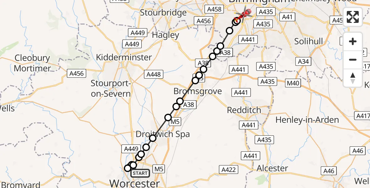 Flight path map showing Air Ambulance Helicopter route from Worcester to Metchley