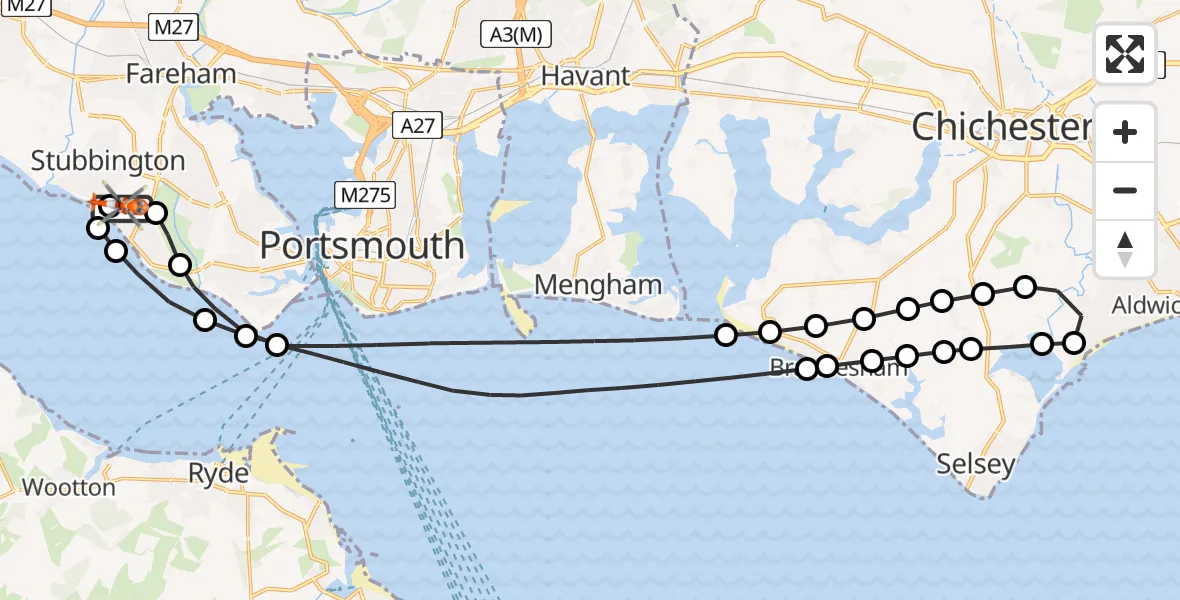 Flight path map showing Coastguard Helicopter route from Solent Airport to Solent Airport