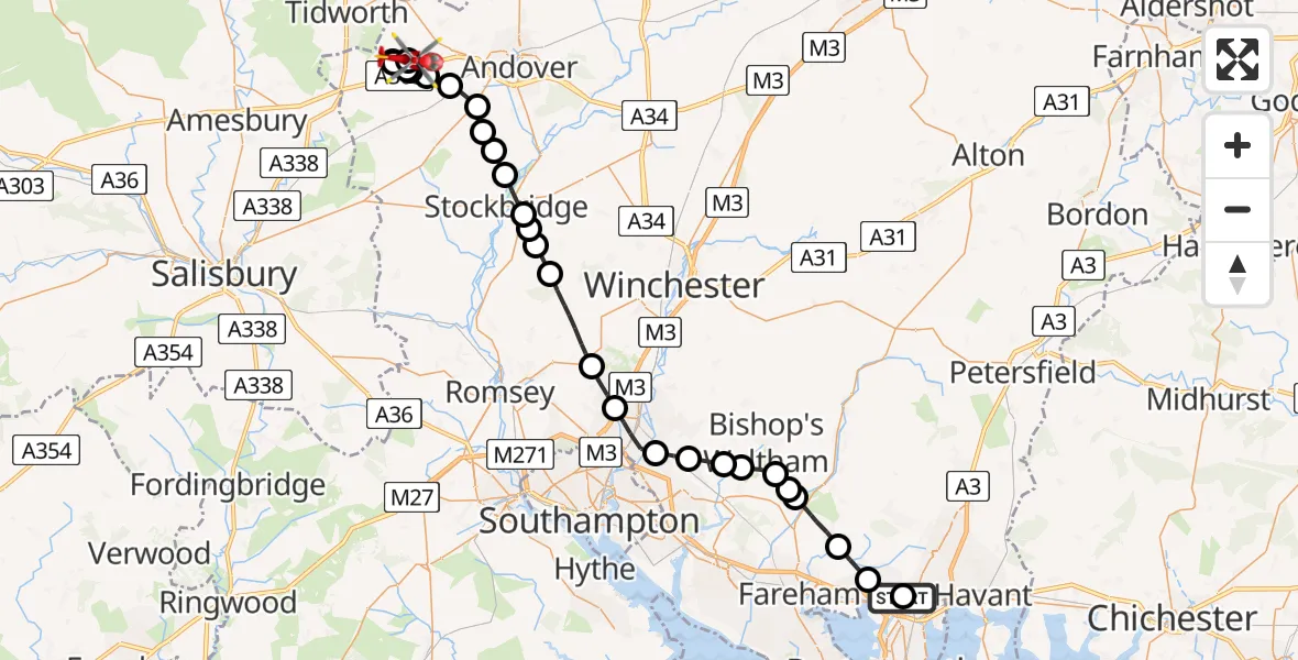 Flight path map showing Air Ambulance Helicopter route from Queen Alexandra Hospital to Thruxton Aerodrome