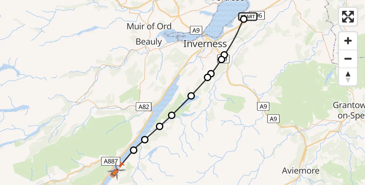 Flight path map showing Coastguard Helicopter route from Inverness Airport to Loch Ness