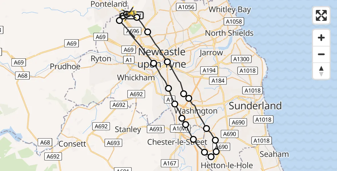 Flight path map showing Police Helicopter route from Newcastle International Airport to Newcastle International Airport