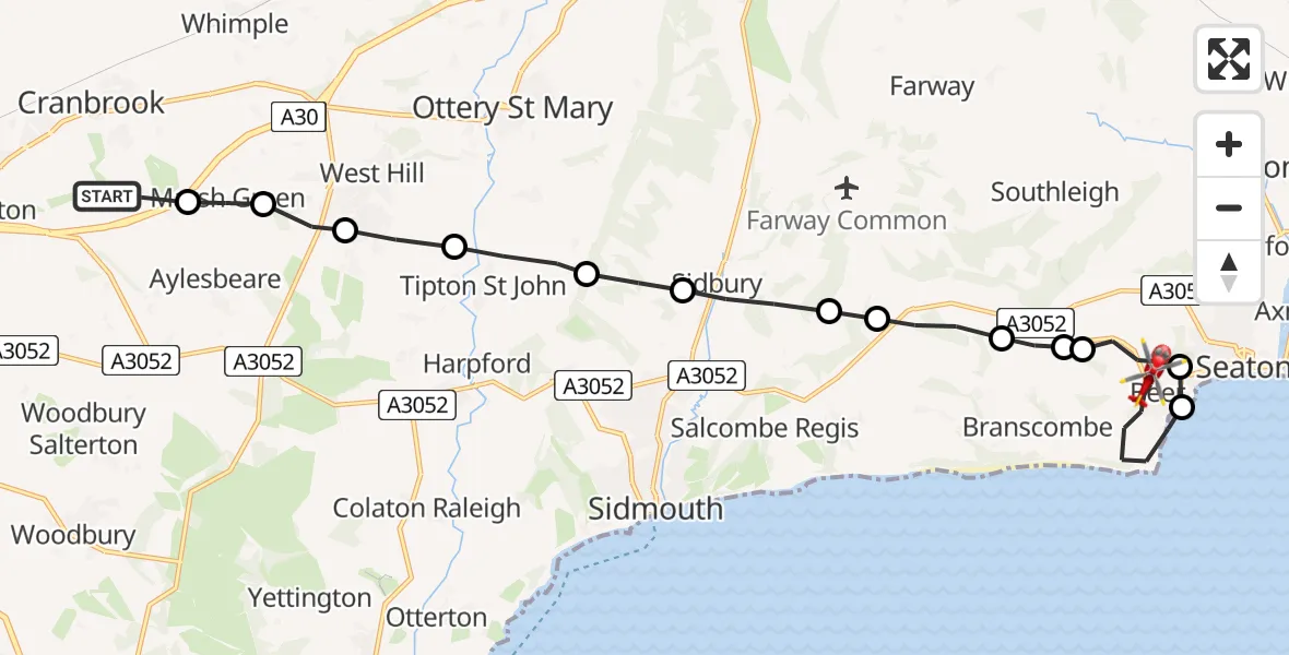 Flight path map showing Air Ambulance Helicopter route from Exeter International Airport to Beer